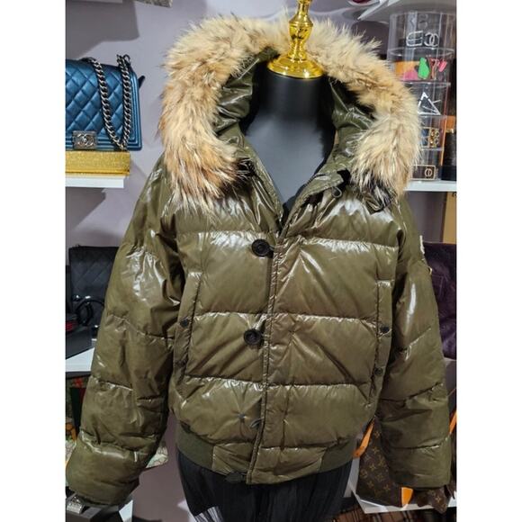 Moncler Down Hooded Jacket with Genuine Fur Olive Green - Picture 1 of 16